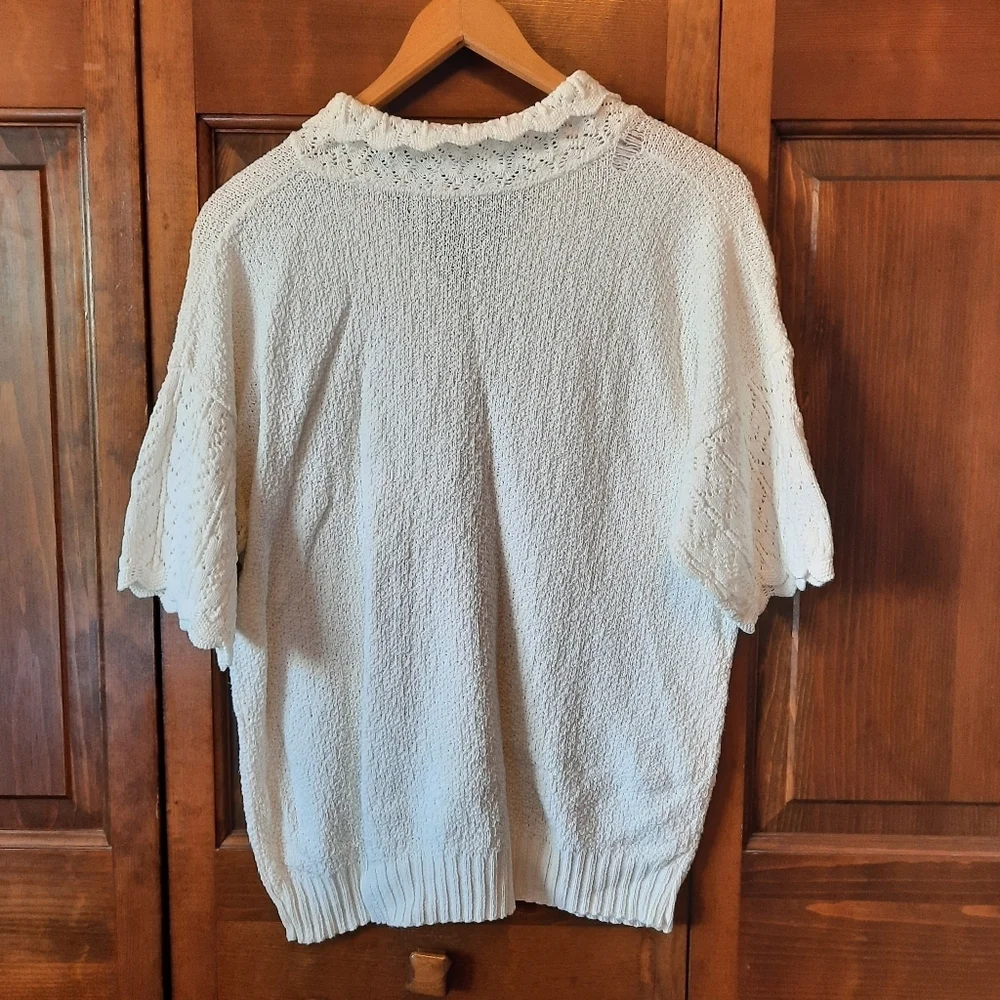 Vintage White Crochet Peter Pan Collar Cottagecore Pointelle Knit Polo Sweater
